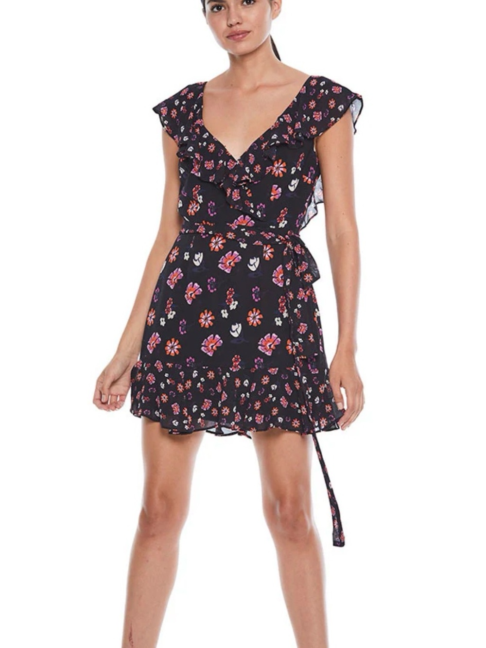 NWT La Maison Talulah Black Floral Ruffle V-Neck Mini Dress with Tie Waist